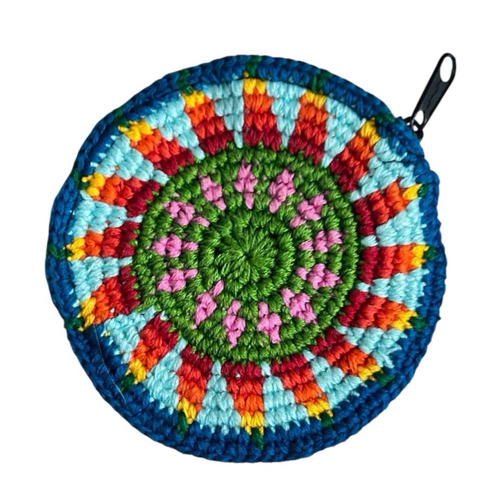 Hand Crafted Crocheted Colorful Round Sunburst Design Zipper Change Pouch Purse